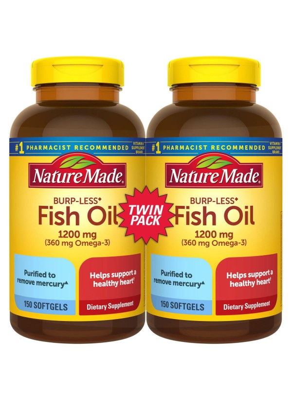 Nature Made Burp-Less Fish Oil 1,200 mg Softgels for Heart Health, 150 ct (2 pk)